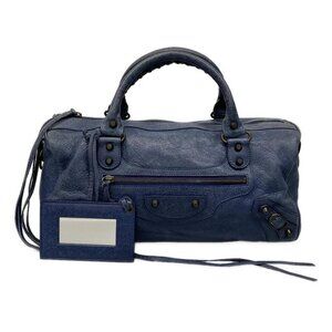 Auth BALENCIAGA The Twiggy 128523 Navy Leather Handbag